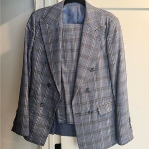 Men's Double-Breasted Plaid Blazer - Blue Gray